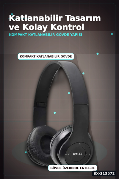Katlanabilir P47 Bluetooth Kablosuz Kulakustu Kulaklik Mikrofonlu 1 Adet BX-313572