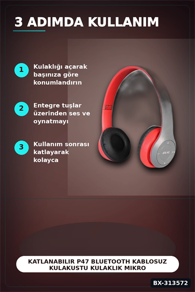 Katlanabilir P47 Bluetooth Kablosuz Kulakustu Kulaklik Mikrofonlu 1 Adet BX-313572