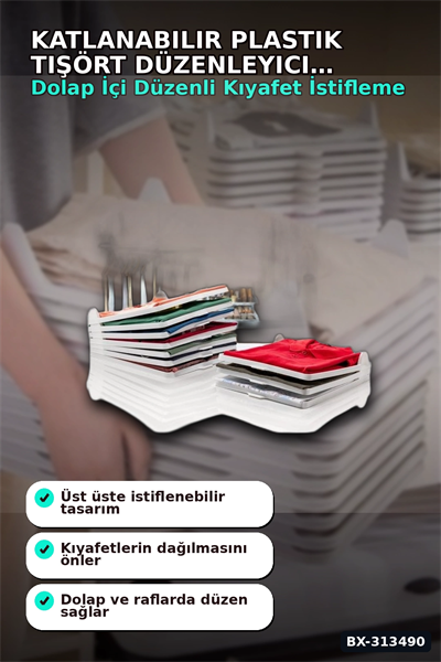 Katlanabilir Plastik Tişört Düzenleyici Aparat - 1 Adet, Dolap İçi Organizer BX-313490