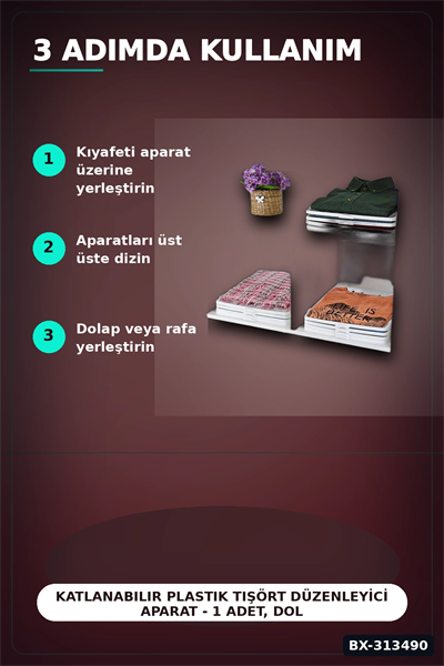 Katlanabilir Plastik Tişört Düzenleyici Aparat - 1 Adet, Dolap İçi Organizer BX-313490
