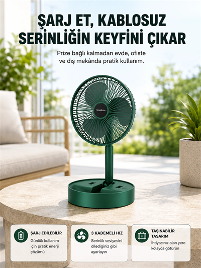 Katlanabilir Şarjlı Mini Fan 3 Kademeli Hız Ayarlı Taşınabilir