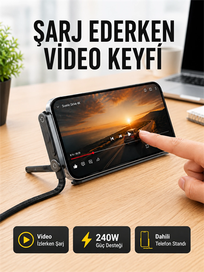 Katlanabilir Telefon Standlı 240W Type-C Hızlı Şarj Kablosu