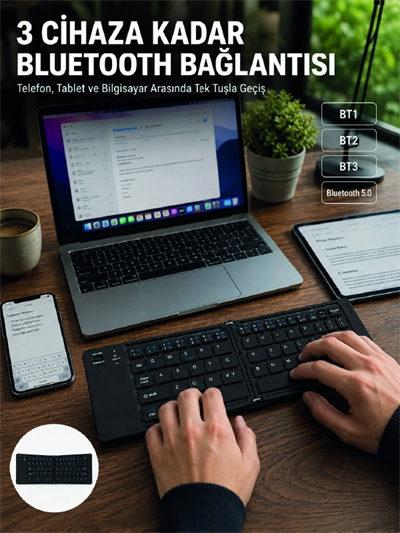 Katlanır Bluetooth Klavye Telefon Tablet Laptop Uyumlu Kablosuz Klavye
