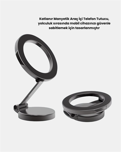 Katlanır Manyetik Araç İçi Telefon Tutucu – 360° Dönebilen, MagSafe Uyumlu, Güçlü Mıknatıslı Tasarım