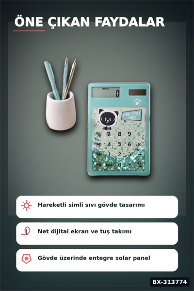 Kedi Figürlü Şeffaf Simli Hesap Makinesi 1 Adet Dekoratif Ofis Okul Hediyelik BX-313774
