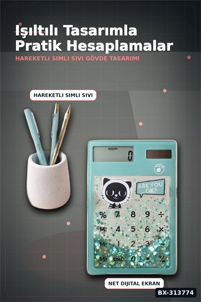 Kedi Figürlü Şeffaf Simli Hesap Makinesi 1 Adet Dekoratif Ofis Okul Hediyelik BX-313774