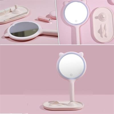 Kedi Kulaklı Telefon Standlı Yuvarlak Dokunmatik Led Ayarlı Masa Üstü Makyaj Aynası (3936)