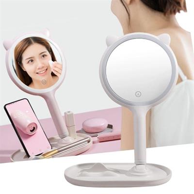 Kedi Kulaklı Telefon Standlı Yuvarlak Dokunmatik Led Ayarlı Masa Üstü Makyaj Aynası (3936)