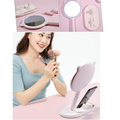 Kedi Kulaklı Telefon Standlı Yuvarlak Dokunmatik Led Ayarlı Masa Üstü Makyaj Aynası (3936)
