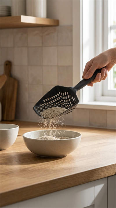 Kedi Kumu Eleme Küreği, Metal gövde ve ince diş yapısıyla hijyenik temizlik amaçlı