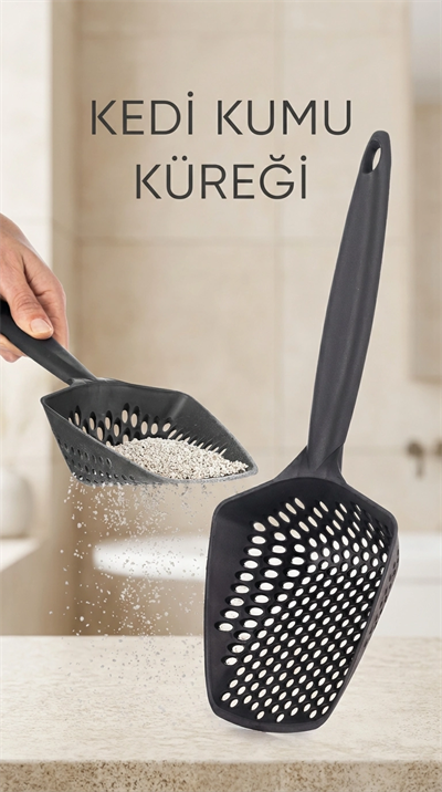 Kedi Kumu Eleme Küreği geniş dişli yapısıyla tüy ve kum ayırımı sağlar evcil hayvanlar için kullanışlı