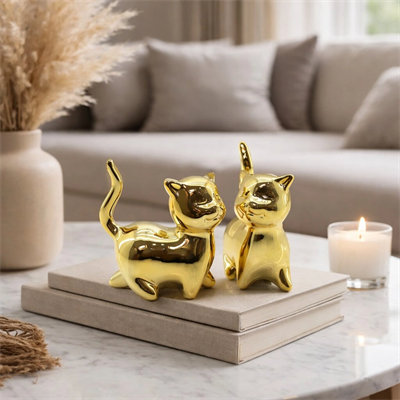 Kedi Tasarımlı Biblo - Büyük Boy - Seramik - Parlak Altın