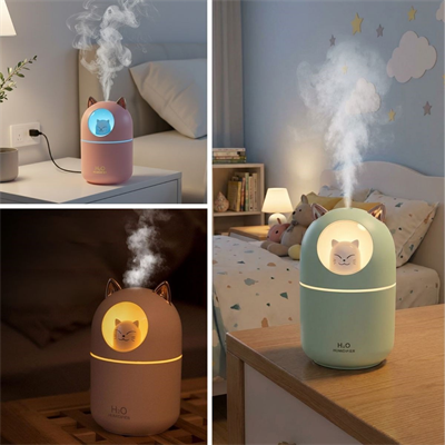 Kedicik Figürlü Hava Nemlendirici – Ultrasonik Soğuk Buhar Makinesi, LED Işıklı Masaüstü Oda Nemlendirici