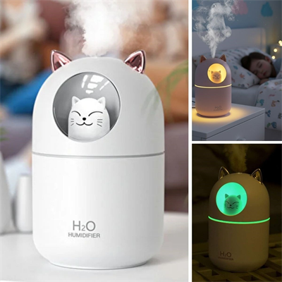 Kedicik Figürlü Hava Nemlendirici – Ultrasonik Soğuk Buhar Makinesi, LED Işıklı Masaüstü Oda Nemlendirici