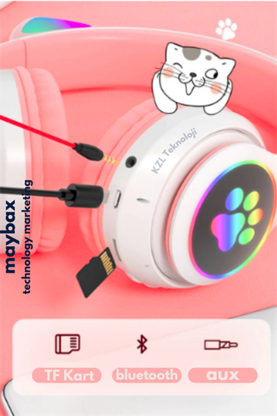 Kedili pembe kulak üstü kulaklık stereo ses ANC mikrofon FM radyo SD kart RGB ışık