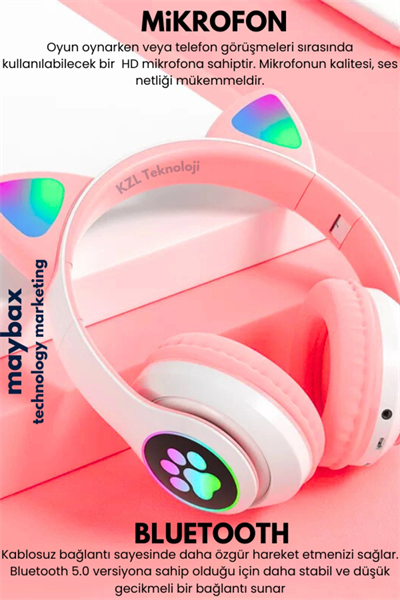 Kedili pembe kulak üstü kulaklık stereo ses ANC mikrofon FM radyo SD kart RGB ışık