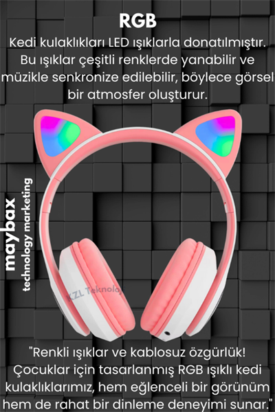 Kedili pembe kulak üstü kulaklık stereo ses ANC mikrofon FM radyo SD kart RGB ışık