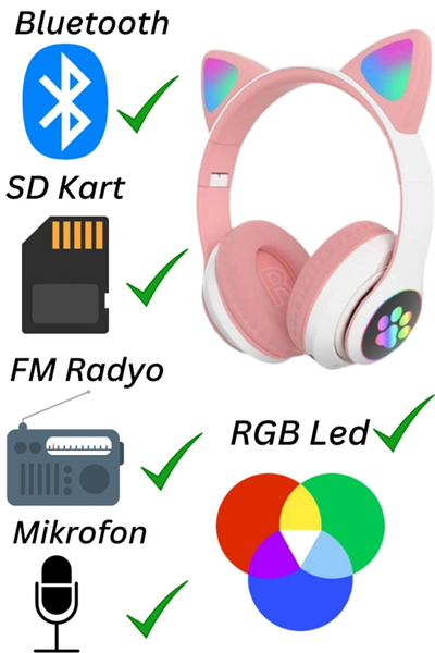 Kedili pembe kulak üstü kulaklık stereo ses ANC mikrofon FM radyo SD kart RGB ışık