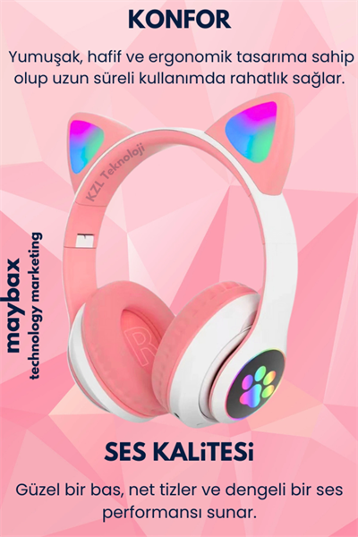 Kedili pembe kulak üstü kulaklık stereo ses ANC mikrofon FM radyo SD kart RGB ışık
