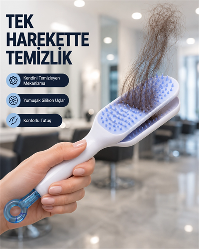 Kendi Kendini Temizleyen Saç Tarağı – Anti-Statik, Silikon Uçlu, ABS Malzeme, 22x4 cm