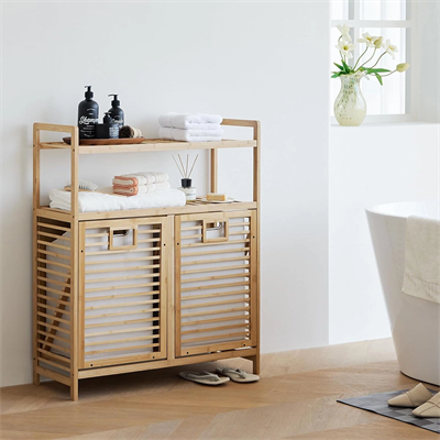Kirli 2 Kat Organizer Raflı - 2 Bölmeli Önden Çek Aç Kalın Ahşap Bambu Kirli Çamaşır Sepeti 80x33x87cm Bx40