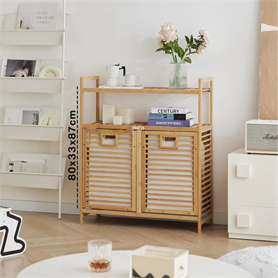Kirli 2 Kat Organizer Raflı - 2 Bölmeli Önden Çek Aç Kalın Ahşap Bambu Kirli Çamaşır Sepeti 80x33x87cm Bx40