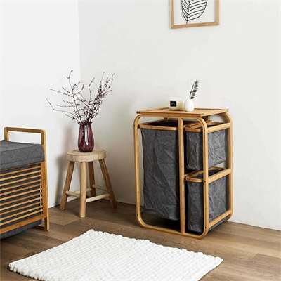 Kirli Çamaşır Sepeti Ahşap - Bambu 3 Organizer Bölmeli Kumaş Çantalı 50x30x70cm Bx40