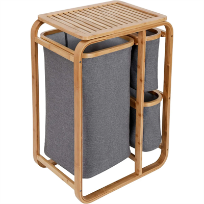 Kirli Çamaşır Sepeti Ahşap - Bambu 3 Organizer Bölmeli Kumaş Çantalı 50x30x70cm Bx40