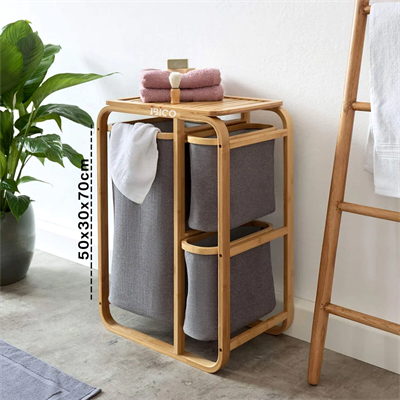 Kirli Çamaşır Sepeti Ahşap - Bambu 3 Organizer Bölmeli Kumaş Çantalı 50x30x70cm Bx40