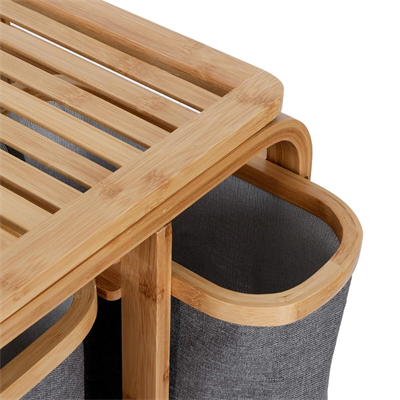 Kirli Çamaşır Sepeti Ahşap - Bambu 3 Organizer Bölmeli Kumaş Çantalı 50x30x70cm Bx40