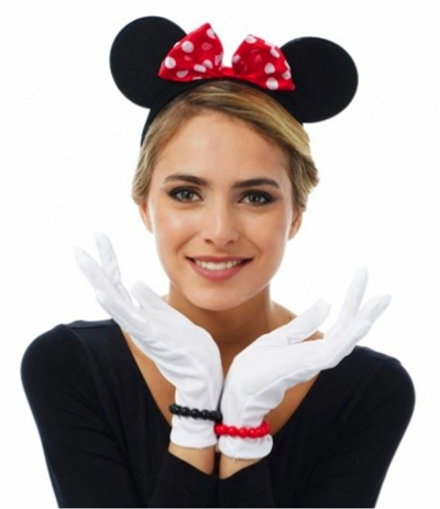 Kırmızı Fiyonklu Minnie Mouse Tacı Ve Beyaz Eldiven Seti Bx40