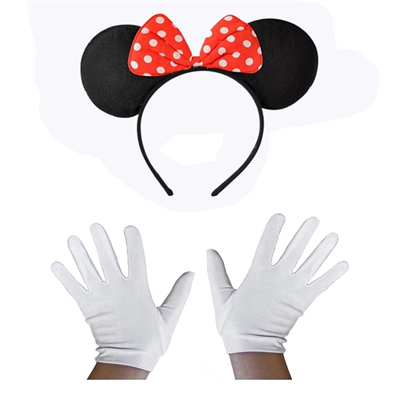 Kırmızı Fiyonklu Minnie Mouse Tacı Ve Beyaz Eldiven Seti Bx40