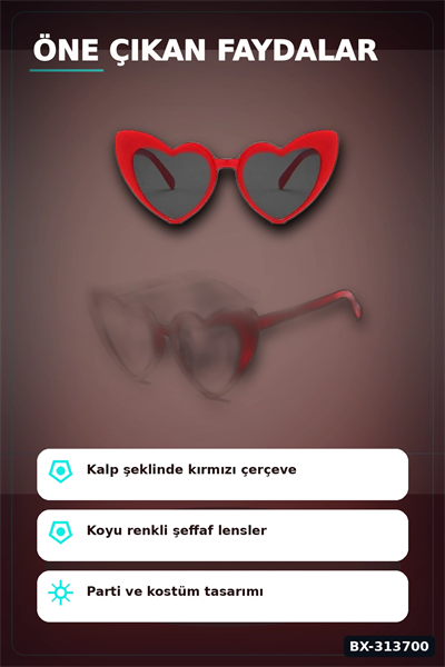 Kırmızı Kalp Şekilli Parti Gözlüğü 15x5 Cm 40 Adet Toplu Kullanımlık Plastik BX-313700