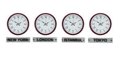 Kırmızı Klasik 36 Cm 4 lü Tabelalı Dünya Saatleri