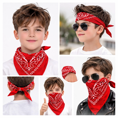 Kırmızı Kovboy Fuları Çocuk Bandana Western Desenli Boyun Fuları