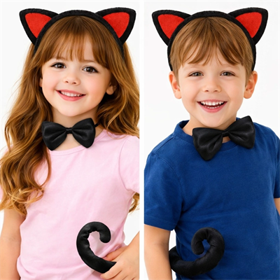 Kırmızı Kulaklı Kedi Kostüm Seti – Taç Papyon Kuyruk 3 Parça