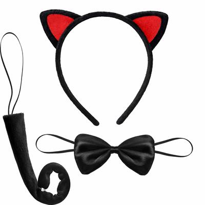 Kırmızı Kulaklı Kedi Kostüm Seti – Taç Papyon Kuyruk 3 Parça (3936)