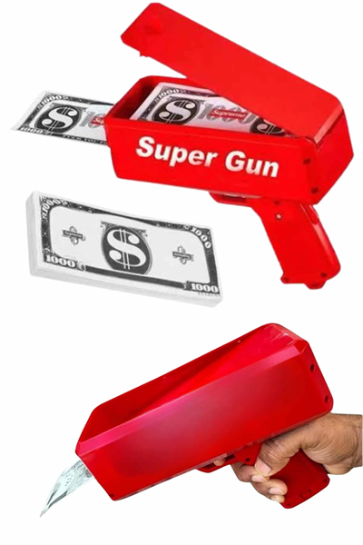 Kırmızı Parti Oyuncağı Para Saçma Fırlatma Tabancası Makinesi Super Money
