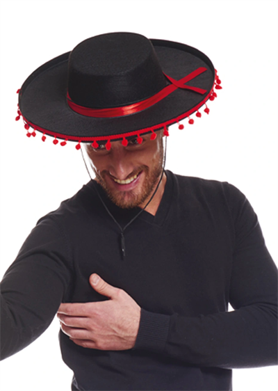 Kırmızı Ponponlu Siyah Renk Yetişkin İspanyol Şapkası