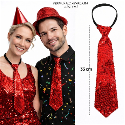 Kırmızı Pul Payetli Işıltılı Parti Kravatı 33 Cm