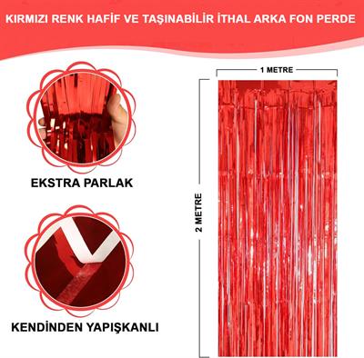 Kırmızı Renk Ekstra Metalize Parlak Saçaklı Arka Fon Perde İthal A Kalite 1x2 Metre (3936)