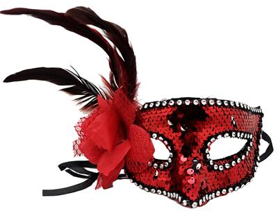Kırmızı Renk Yandan Tüylü Güllü Gümüş Taşlı Pullu Maske 20x22 cm (3936)