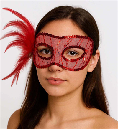 Kırmızı Renk Yandan Tüylü Pul Payet İşlemeli Parti Maskesi 23x12 Cm