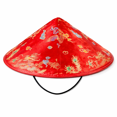 Kırmızı Saten Çin Desenli Dragon İşlemeli Şapka – Lastikli