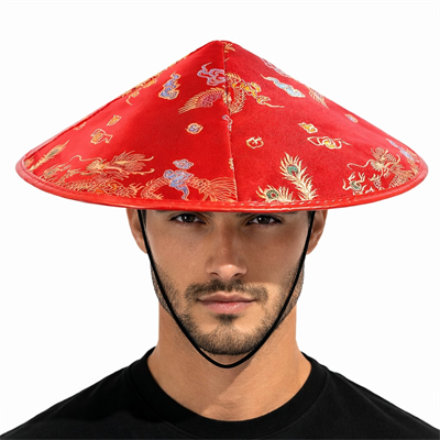 Kırmızı Saten Çin Desenli Dragon İşlemeli Şapka – Lastikli