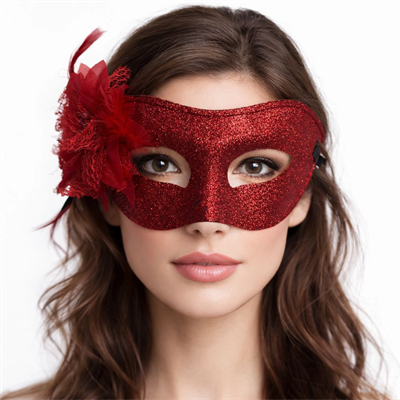 Kırmızı Simli Tüylü Balo Maskesi – Kadın Parti & Maskeli Balo Maskesi