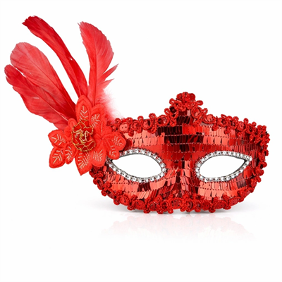 Kırmızı Tüylü Payetli Lüks Taşlı Parti Maskesi