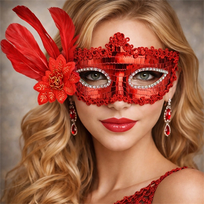 Kırmızı Tüylü Payetli Lüks Taşlı Parti Maskesi