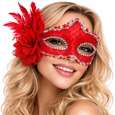 Kırmızı Tüylü Venedik Lüks Balo Maskesi