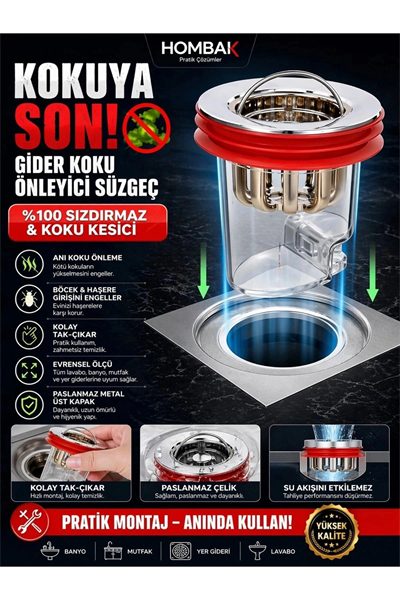 Kırmızı Valfli Gider Koku Önleyici Süzgeç Silikon Contalı Sızdırmaz Gider Kapağı